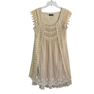 Ryu Crochet Cream Midi Dress Boho Flowy Lace Detail Sheer Overlay (Size S)